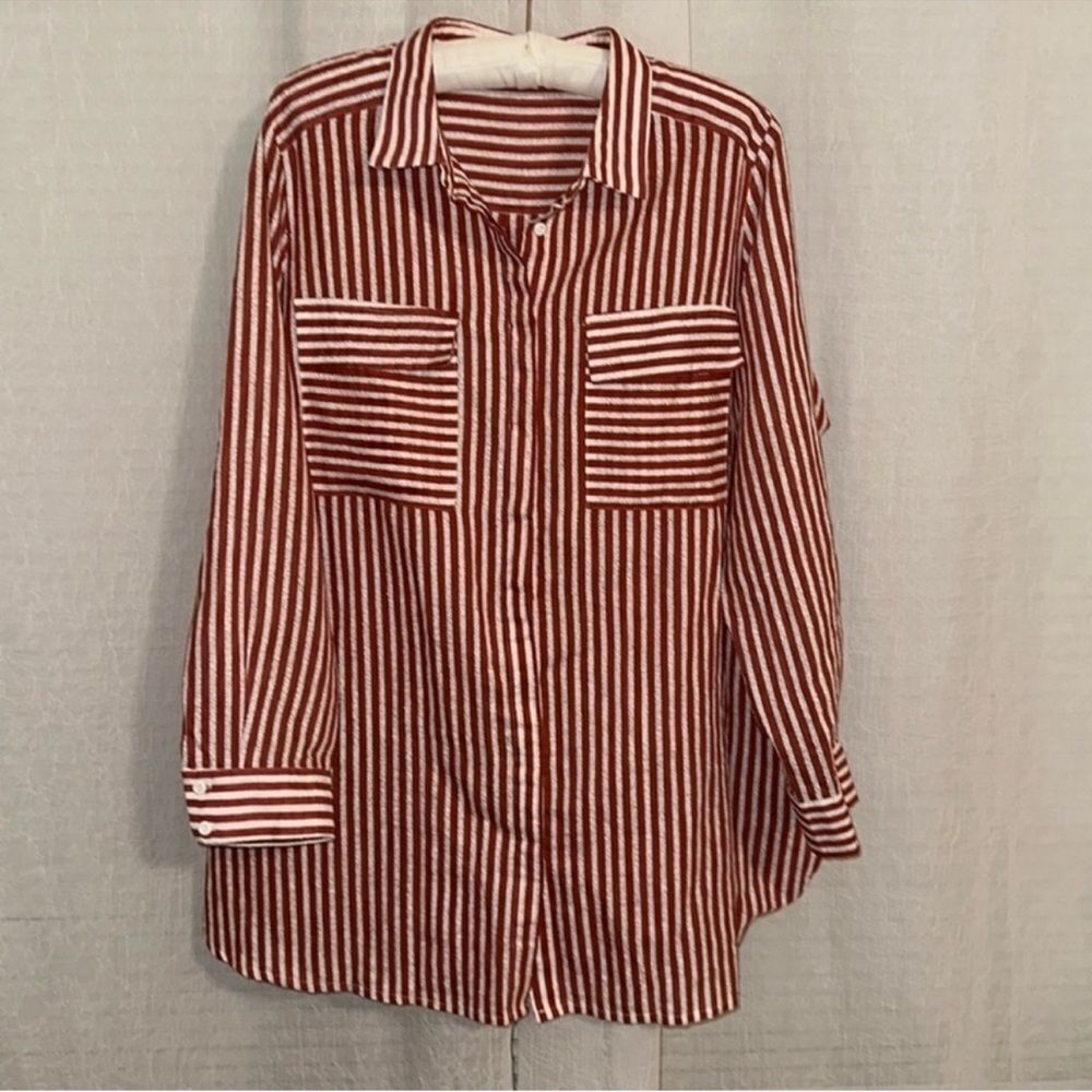 Bella Donna 18 White Red Vertical Striped Long Sleeve Button Down Shirt Tunic